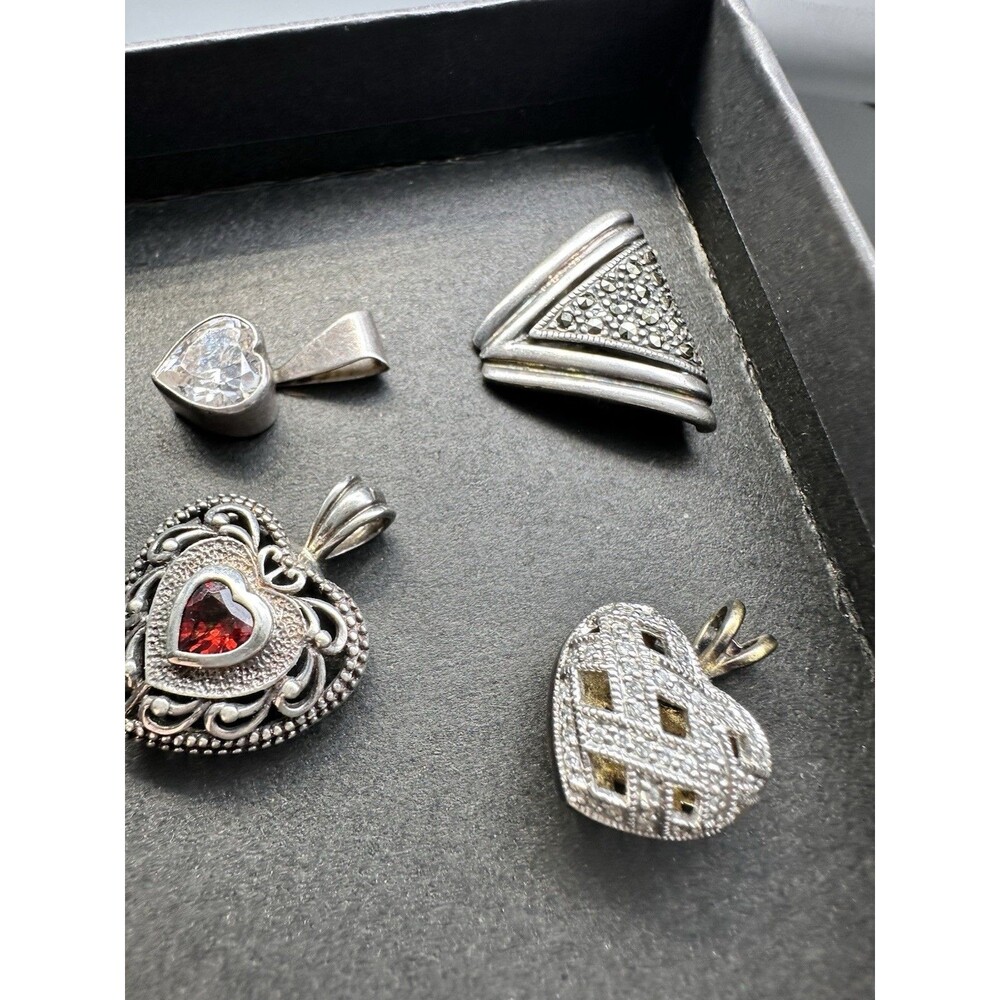 4 Sterling Silver Charm Pendants Heart Marcasite Slide